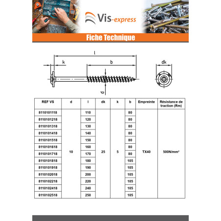 1 x Houtconstructieschroef schrijfkop RVS A2 8X110 bedraad op 80 TORX T40 kopdiameter 20