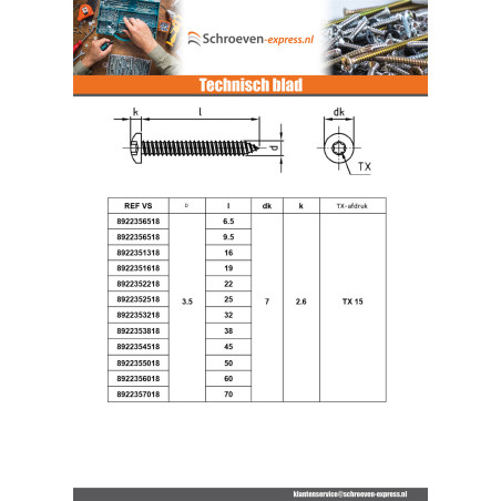 1 x Metaalplaatschroef bol cilinderkop 3.9X25 TORX T15 A4 RVS