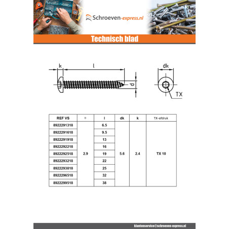 1 x Metaalplaatschroef bol cilinderkop 4.2X22 TORX T20 A4 RVS