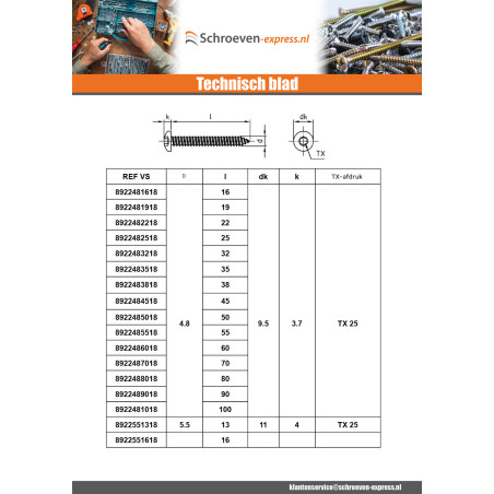 1 x Metaalplaatschroef bol cilinderkop 4.2X9.5 TORX T20 A4 RVS
