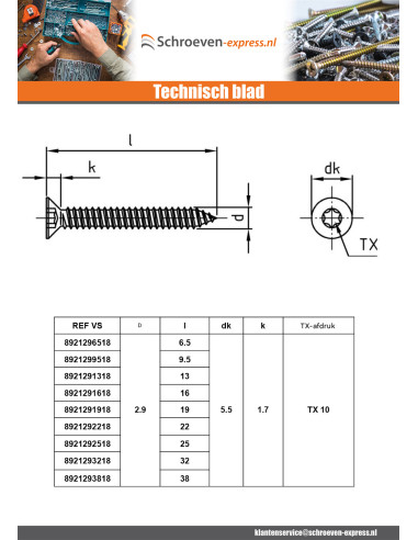 1 x Metaalplaatschroef gefreesde kop 3.9X28...