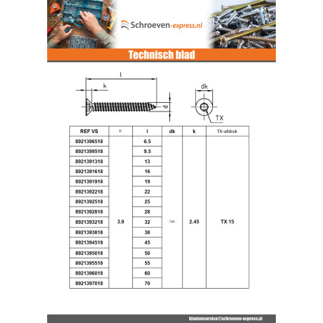1 x Metaalplaatschroef gefreesde kop 5.5X19 TORX T25 A4 RVS