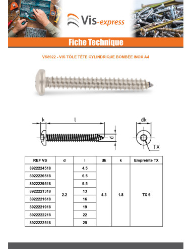 1 x Metaalplaatschroef bol cilinderkop 4.2X70...