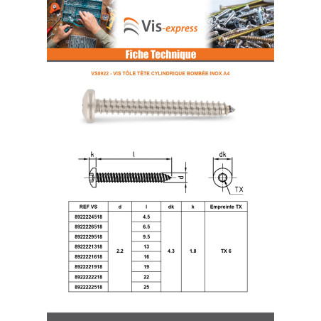 1 x Metaalplaatschroef bol cilinderkop 4.2X70 TORX T20 A4 RVS