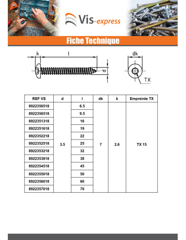 1 x Metaalplaatschroef bol cilinderkop 4.2X70...