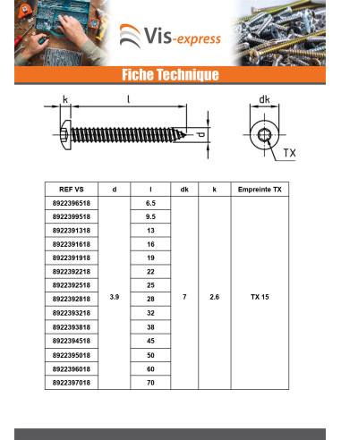 1 x Metaalplaatschroef bol cilinderkop 4.2X70...