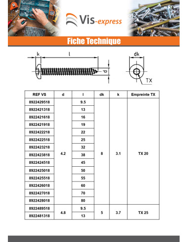 1 x Metaalplaatschroef bol cilinderkop 4.2X70...