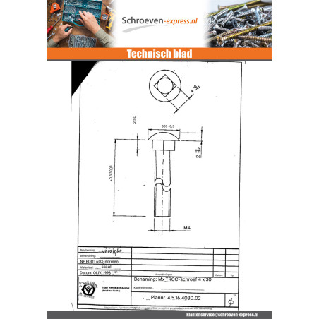 1 x Slotbouten M4X30 volledige draad vierkant 4x4x2,5 Wit verzinkt staal