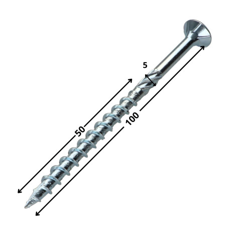 1 x Frameschroef TEKOR gefreesde kop kartel TORX T25 5X100 bedraad op 50 anti-splijtpunt type 17 cut Wit verzinkt staal