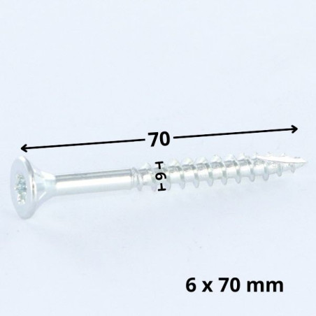 1 x TEKOR houtschroeven gefreesde kop kartel 6X70 bedraad op 42 TORX T30 Wit verzinkt staal anti-splijtpunt type 17 cut