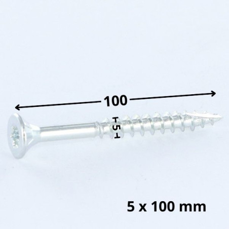 1 x TEKOR houtschroeven gefreesde kop kartel 5X100 bedraad op 60 TORX T25 Wit verzinkt staal anti-splijtpunt type 17 cut