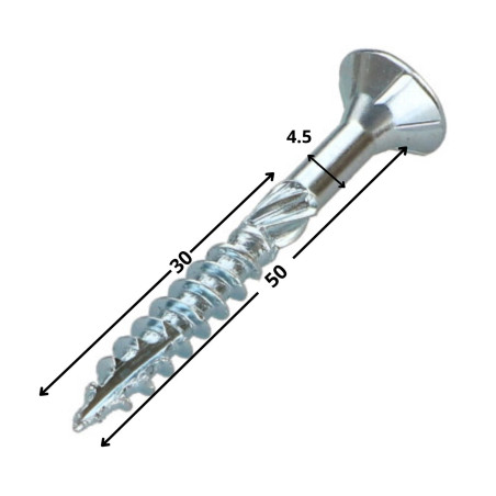 1 x Frameschroef TEKOR gefreesde kop kartel TORX T25 4,5X50 bedraad op 30 anti-splijtpunt type 17 cut Wit verzinkt staal