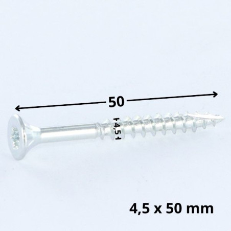 1 x TEKOR houtschroeven gefreesde kop kartel 4,5X50 TORX T25 Wit verzinkt staal volledige draad anti-splijtpunt type 17