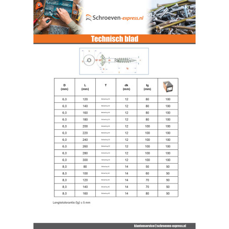 1 x Frameschroef TEKOR gefreesde kop kartel TORX T30 6X280 bedraad op 100 anti-splijtpunt type 17 cut Wit verzinkt staal