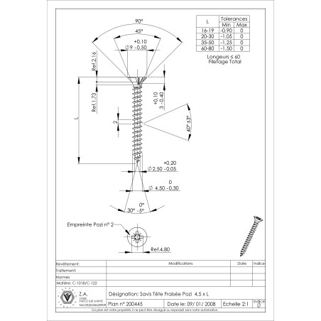 1 x Agglo houtschroeven gefreesde kop Pozi PZ7 4,5X45 volledige draad Wit verzinkt staal