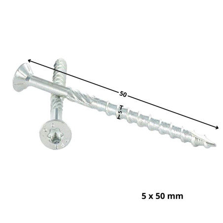 1 x Frameschroef TEKOR gefreesde kop kartel TORX T25 5X50 bedraad op 27 anti-splijtpunt type 17 cut Wit verzinkt staal