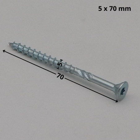 1 x Frameschroef TEKOR gefreesde kop kartel TORX T25 5X70 bedraad op 37 anti-splijtpunt type 17 cut Wit verzinkt staal