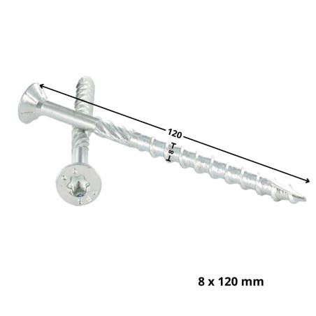 1 x Frameschroef TEKOR gefreesde kop kartel TORX T40 8X120 bedraad op 70 anti-splijtpunt type 17 cut Wit verzinkt staal