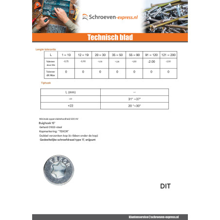 1 x TEKOR houtschroeven gefreesde kop kartel 5X40 TORX T25 anti-splijtpunt type 17 cut ZAND RAL9016 verkeerswit