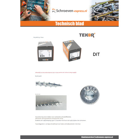 1 x TEKOR houtschroeven gefreesde kop kartel 5X40 TORX T25 anti-splijtpunt type 17 cut ZAND RAL9016 verkeerswit
