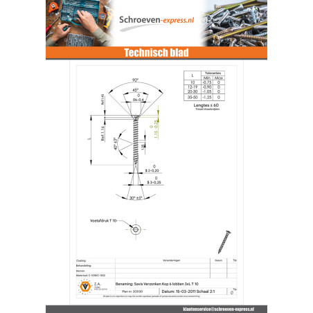 1 x Agglo houtschroeven gefreesde kop TORX T10 3X40 Wit verzinkt staal microschroeven