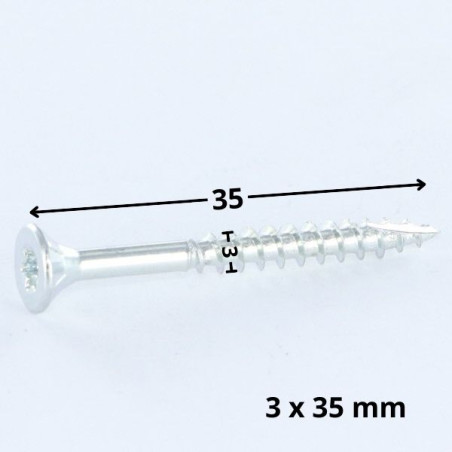1 x TEKOR houtschroeven gefreesde kop kartel 3X35 TORX T10 Wit verzinkt staal volledige draad anti-splijtpunt type 17 cut