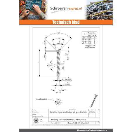 1 x Agglo houtschroeven gefreesde kop TORX T20 4X30 bedraad op 30 Wit verzinkt staal