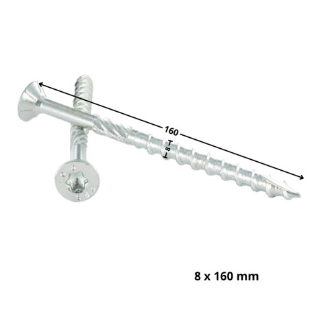1 x Frameschroef TEKOR gefreesde kop kartel TORX T40 8X160 bedraad op 80 anti-splijtpunt type 17 cut Wit verzinkt staal