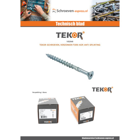 1 x Frameschroef TEKOR gefreesde kop kartel TORX T20 4X35 bedraad op 30 anti-splijtpunt type 17 cut ZN