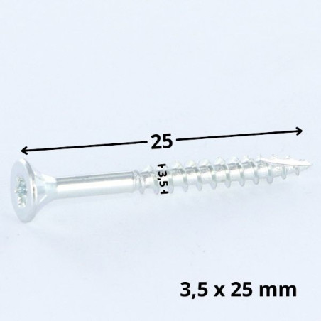 1 x TEKOR houtschroeven gefreesde kop kartel 3,5X25 TORX T15 Wit verzinkt staal volledige draad anti-splijtpunt type 17