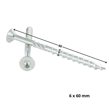 1 x Frameschroef TEKOR gefreesde kop kartel TORX T30 6X60 bedraad op 40 anti-splijtpunt type 17 cut Wit verzinkt staal