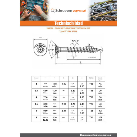 1 x TEKOR houtschroeven gefreesde kop kartel 3,5X35 TORX T15 Wit verzinkt staal volledige draad anti-splijtpunt type 17