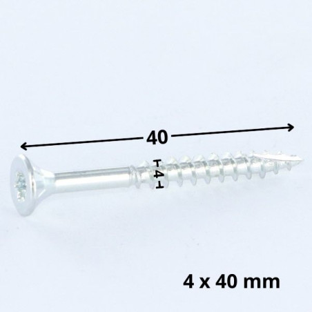 1 x TEKOR houtschroeven gefreesde kop kartel 4X40 bedraad op 24 TORX T20 Wit verzinkt staal anti-splijtpunt type 17 cut