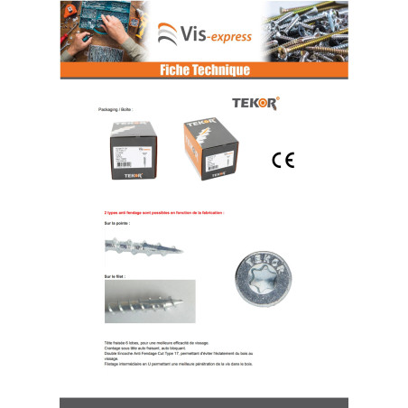 1 x TEKOR houtschroeven gefreesde kop kartel 4X20 TORX T20 Wit verzinkt staal volledige draad anti-splijtpunt type 17 cut