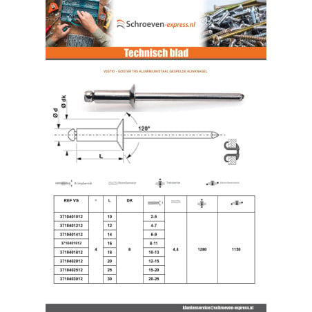 1 x Klinknagel GOSTAR Aluminium Staalstaaf Standaard ronde kop 4.8X20