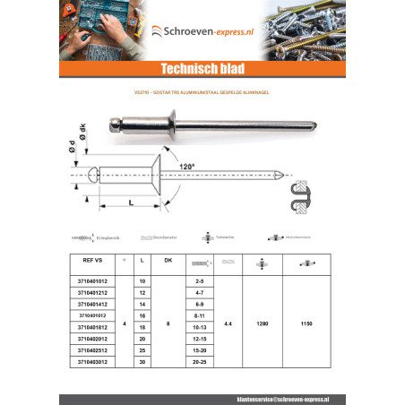 1 x Klinknagel GOSTAR Aluminium Staalstaaf Standaard ronde kop 4X20