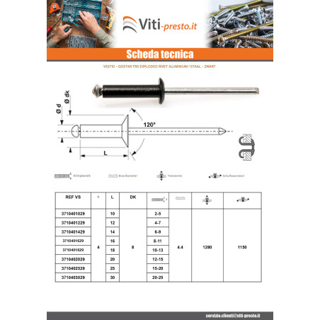 1 x Klinknagel GOSTAR Aluminium Staalstaaf Standaard ronde kop 4.8X12 Zwart