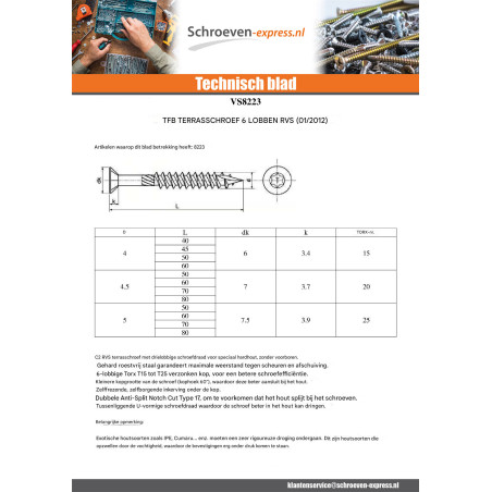 1 x Vlonderschroeven TEKOR gefreesde bolkop TORX T20 4,5X80 anti-splijtpunt type 17 cut RVS C2