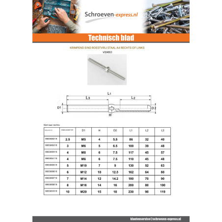 1 x Inside Right Thread steek links A4 RVS Kabel 4 totale lengte 110