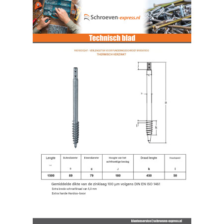 1 x Fundamentschroef 89X5X1500 hoge corrosiebestendigheid Thermisch verzinkt staal