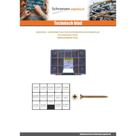 1 x Assortiment van 1700 Agglo houtschroeven gefreesde kop Pozi Bichromaat Bit