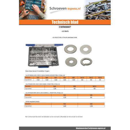 1 x Assortiment van 1530 Sluitring plat M L LL/ Grower RVS A2