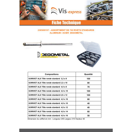 1 x Assortiment van 700 Klinknagel GORIVET ALX Aluminium Staalstaaf DEGOMETAL