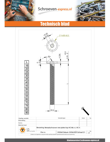 1 x Metalen schroeven plat sleutel van 4 M6X25...