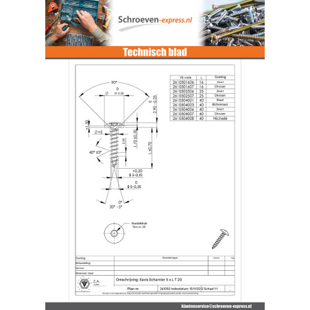 1 x Schroeven scharnier 5X25 volledige draad TORX T20 Zwart gegalvaniseerd staal