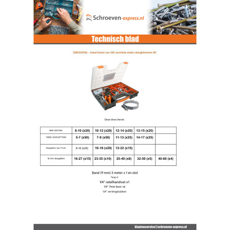 1 x Assortiment van 345 Slangklem van Aanspannen Verzinkt staal W1