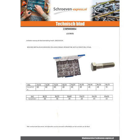1 x Assortiment van 570 Metalen schroeven zeskantkop TH volledige draad RVS A2