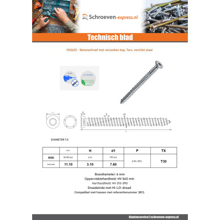 1 x Schroeven Beton gefreesde kop ROOD 7,5X120 TORX T30 Bichromaat RAL9016 verkeerswit