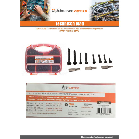 1 x Assortiment van 280 Agglo houtschroeven gefreesde kop TORX Zwart gegalvaniseerd staal Bit