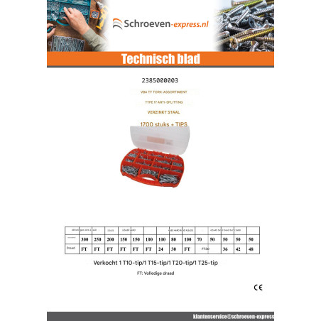 1 x Assortiment van 1700 TEKOR houtschroeven gefreesde kop TORX anti-splijtpunt type 17 cut Wit verzinkt staal met Bit